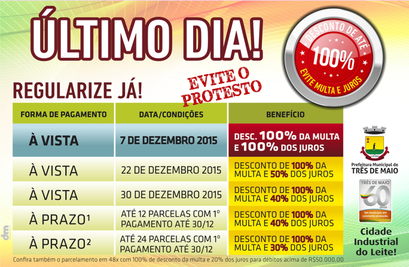 TERMINA HOJE O PRAZO DE PAGAMENTO DA DÍVIDA ATIVA COM 100% DE DESCONTO